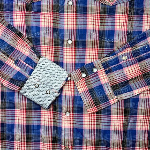 Heritage1981 Western Pearl Snap Shirt Plaid Pink Blue Small - Picture 5 of 7